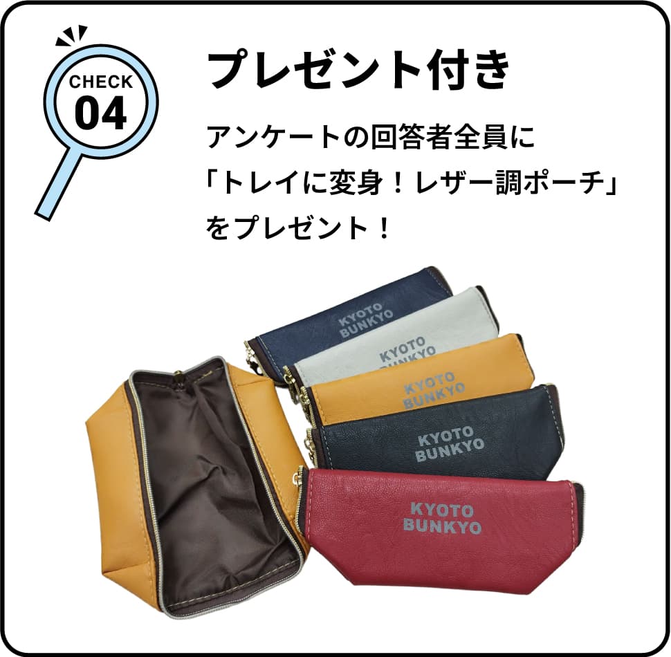 CHECK04 プレゼント付き アンケートの回答者全員に「トレイに変身！レザー調ポーチ」をプレゼント！