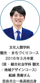 文化人類学科 観光・まちづくりコース2016年3月卒業(現・総合社会学科 観光・地域デザインコース)奈良市立一条高校出身